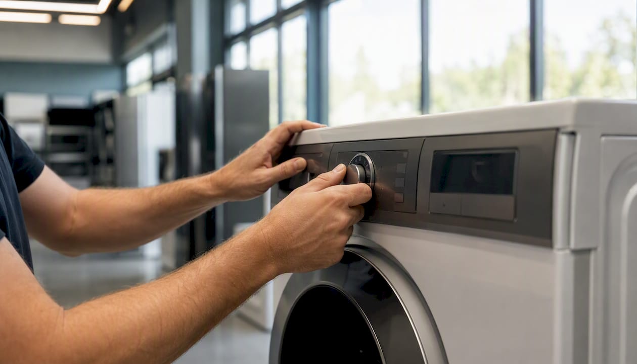 Hands testing washing machine controls